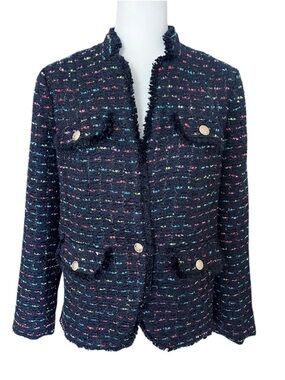 Talbots Navy Multi Color Tweed Lady Jacket Boucle Preppy Blazer Size 10